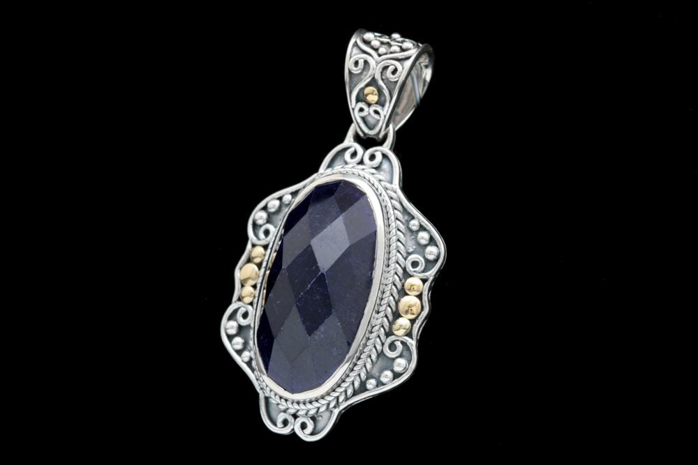 Robert Manse Sterling Silver, 18K Yellow Gold and Dyed Blue Corundum Pendant