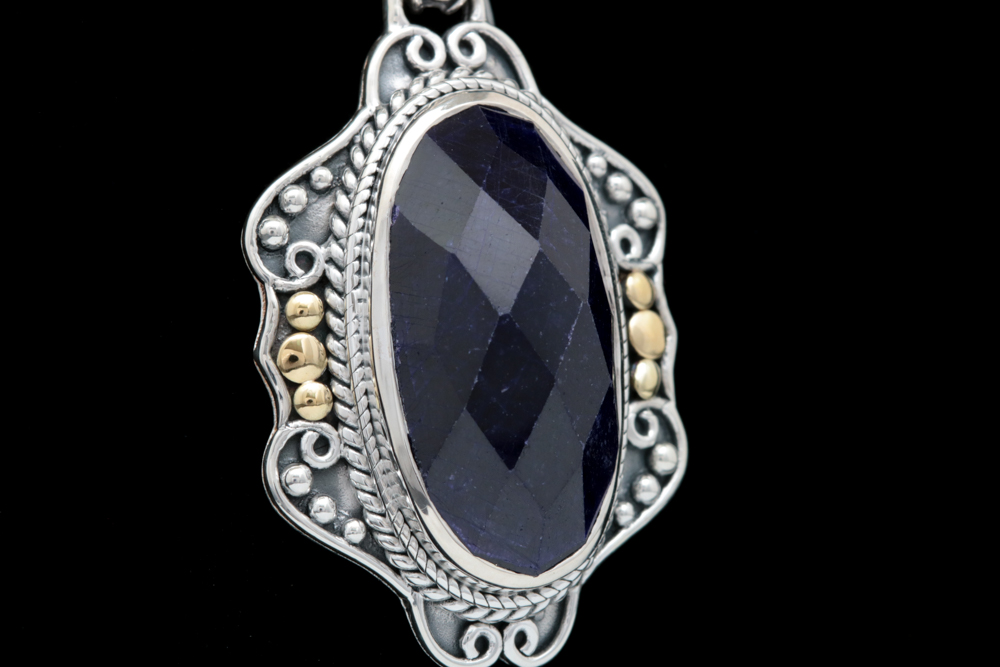 Robert Manse Sterling Silver, 18K Yellow Gold and Dyed Blue Corundum Pendant