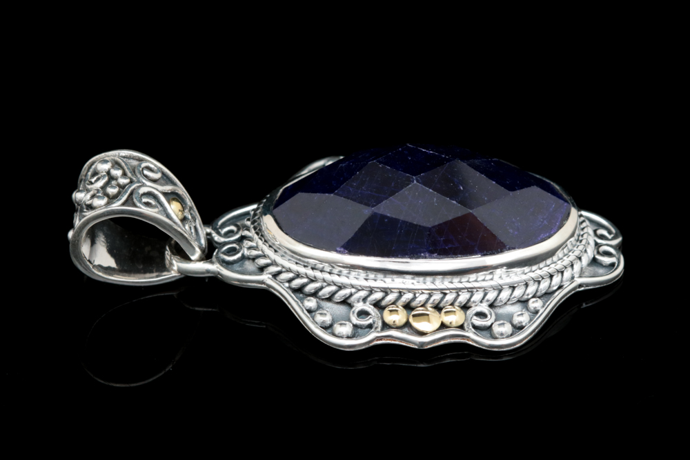 Robert Manse Sterling Silver, 18K Yellow Gold and Dyed Blue Corundum Pendant