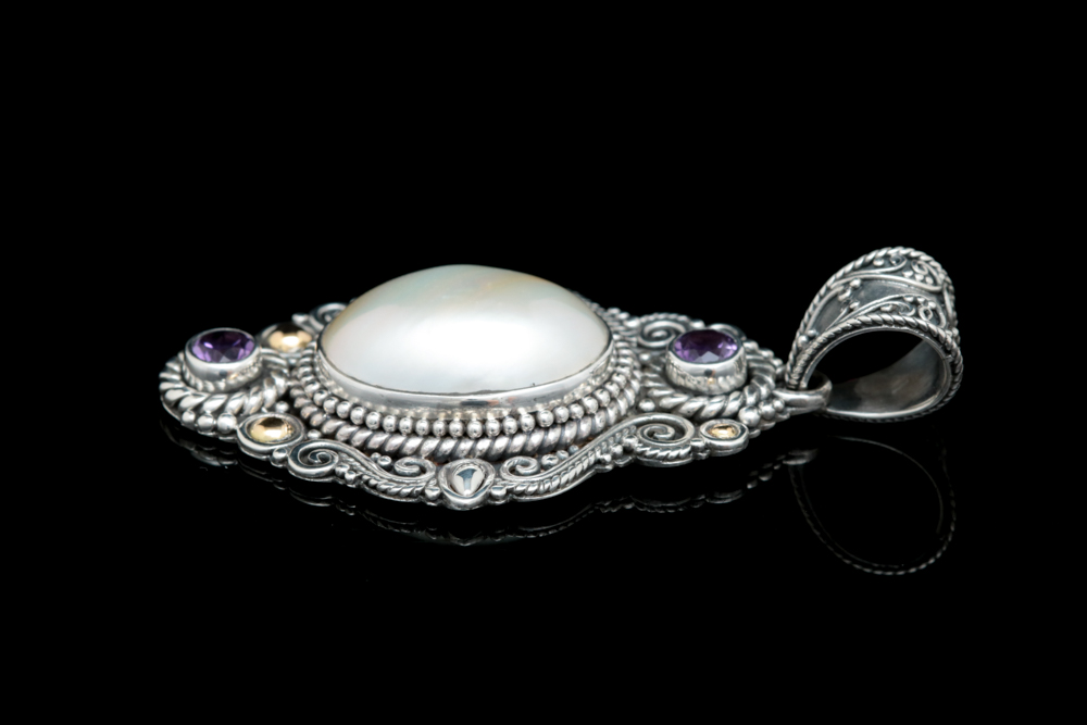 Robert Manse Sterling Silver, 18K Yellow Gold, Mabé Pearl and Amethyst Pendant