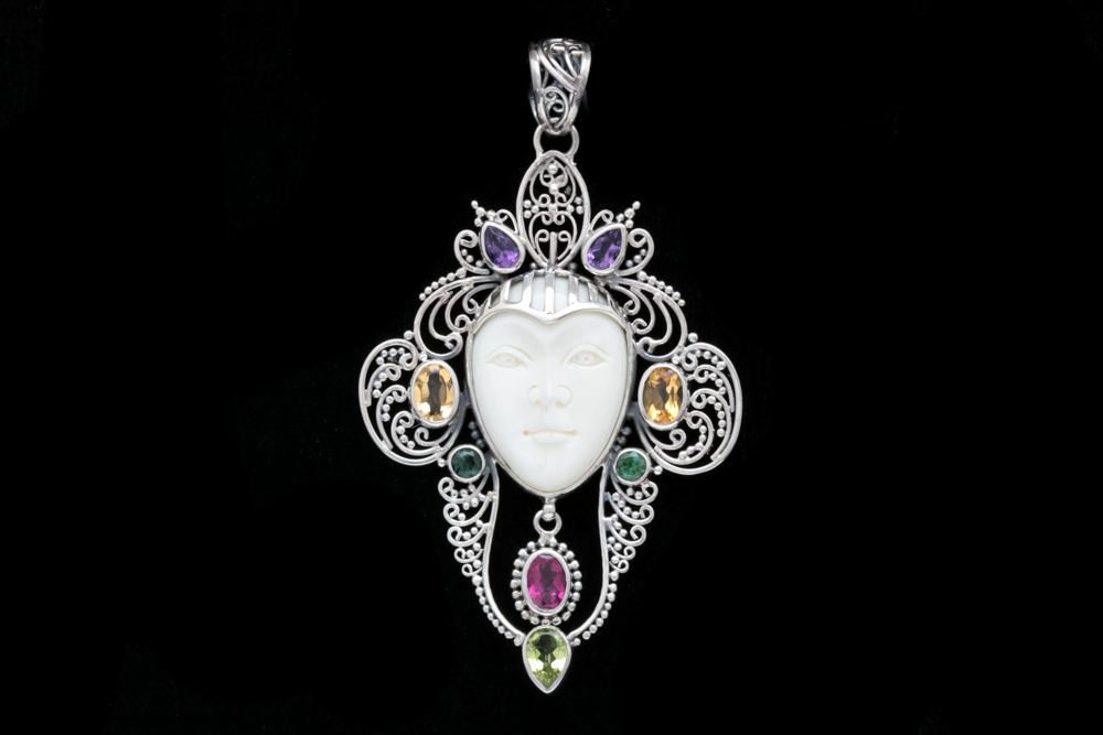 Sterling Silver and Multi-Gemstone Bone Face Pendant