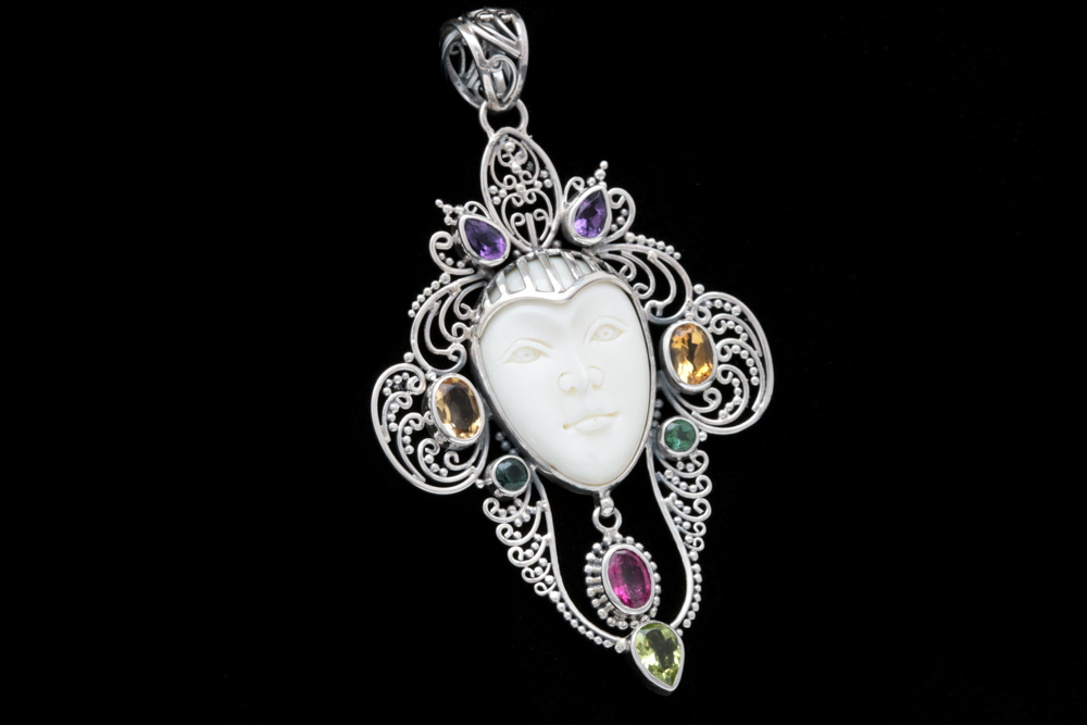 Sterling Silver and Multi-Gemstone Bone Face Pendant
