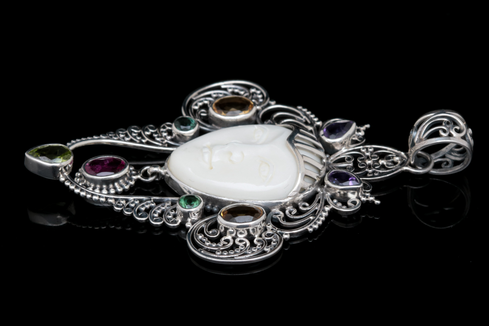 Sterling Silver and Multi-Gemstone Bone Face Pendant