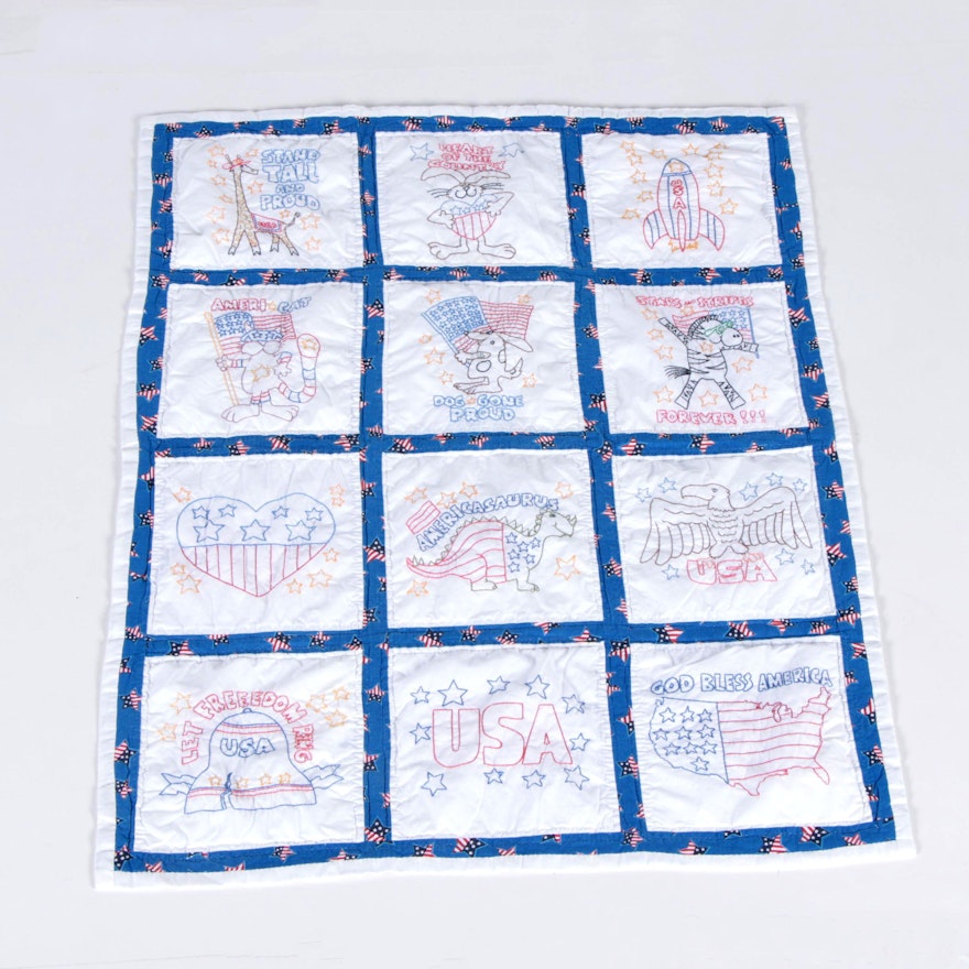 Vintage Hand Embroidered Patriotic Quilt