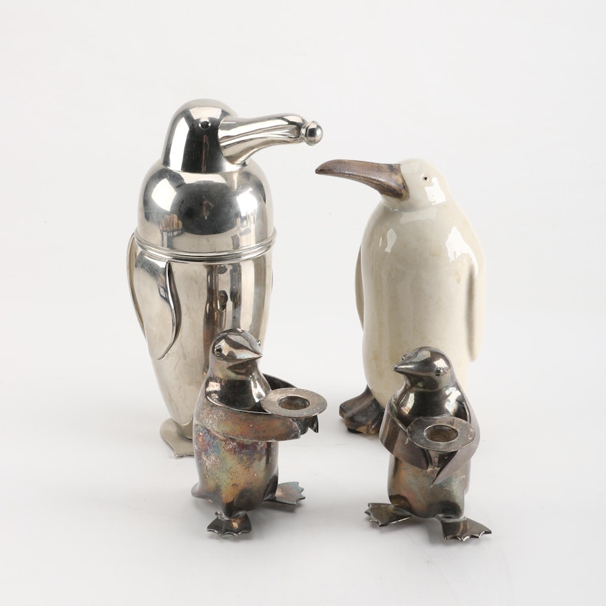 Penguin Themed Candle Holders, Statue, and Cocktail Shaker