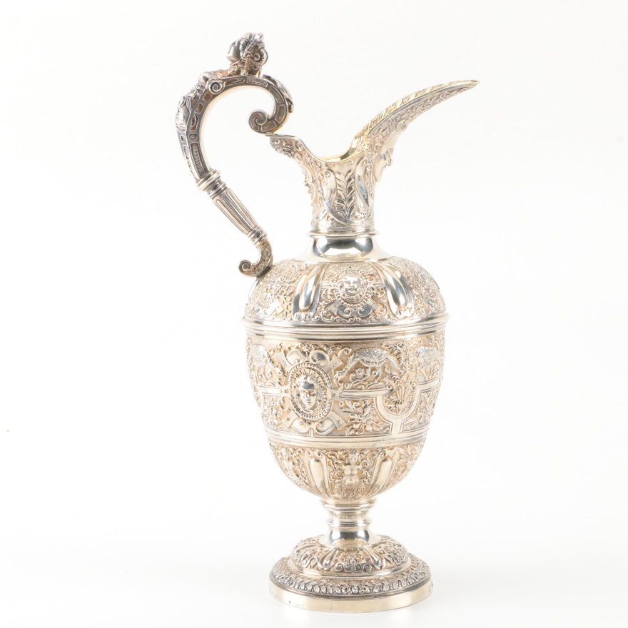 1867 John Hunt & Robert Roskell Cellini Style Sterling Silver Claret Jug