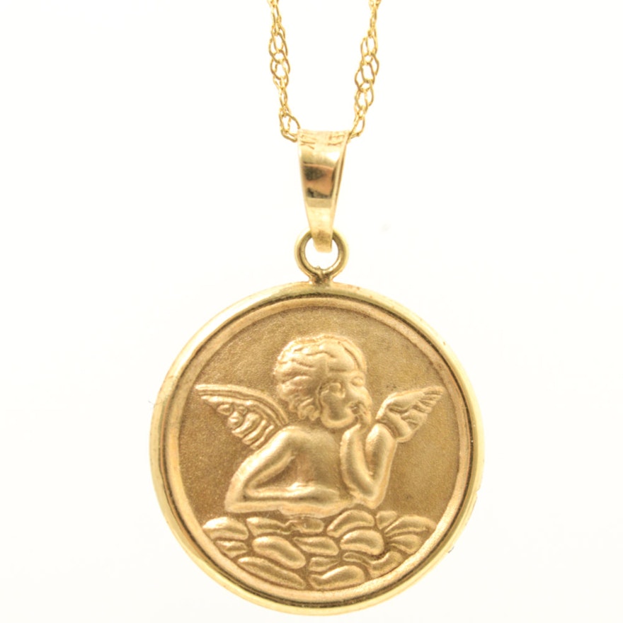 14K Yellow Gold Necklace with Angel Circle Pendant