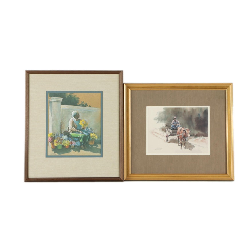 Nancy Ricker Rhett Offset Lithographs "Flower Vendor" and "Oxcart Of Daufuskie"