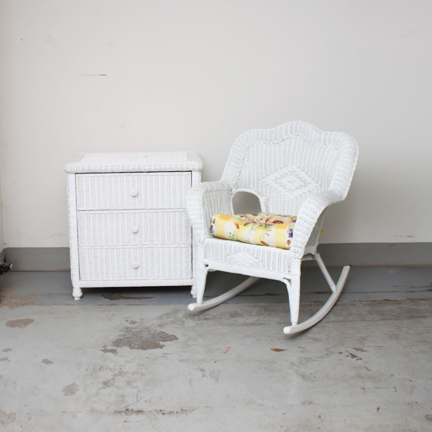 White Wicker Rocking Chair and Chest of Drawers