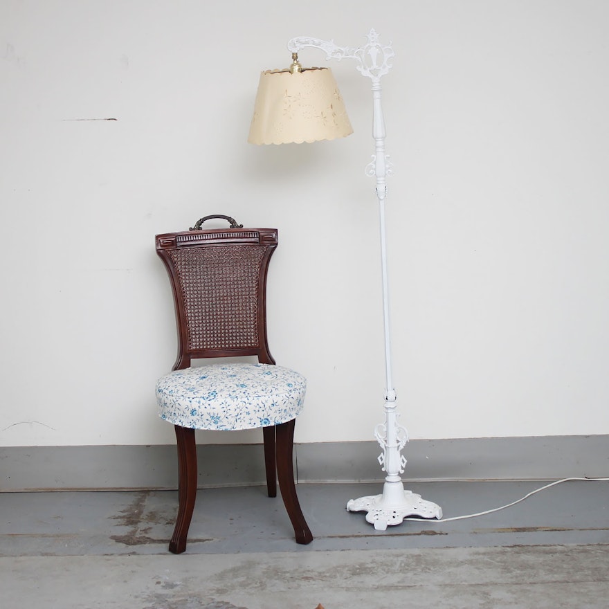 Victorian Style Chair and Bridge Arm Style Floor Lamp