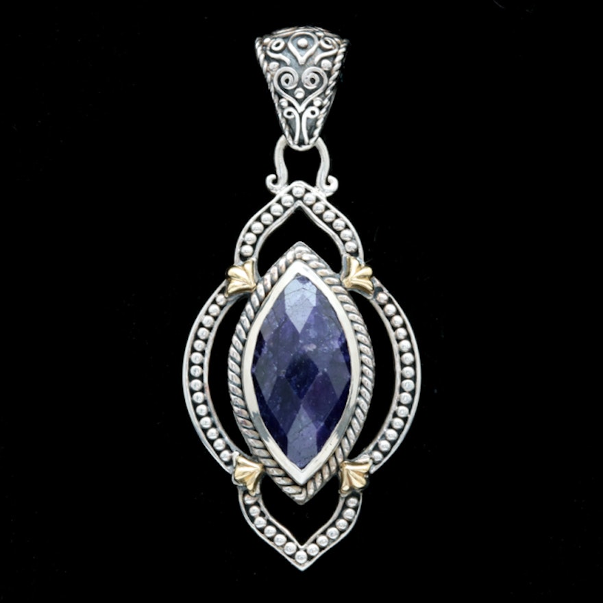 Robert Manse Sterling Silver, 18K Yellow Gold and Dyed Blue Corundum Pendant