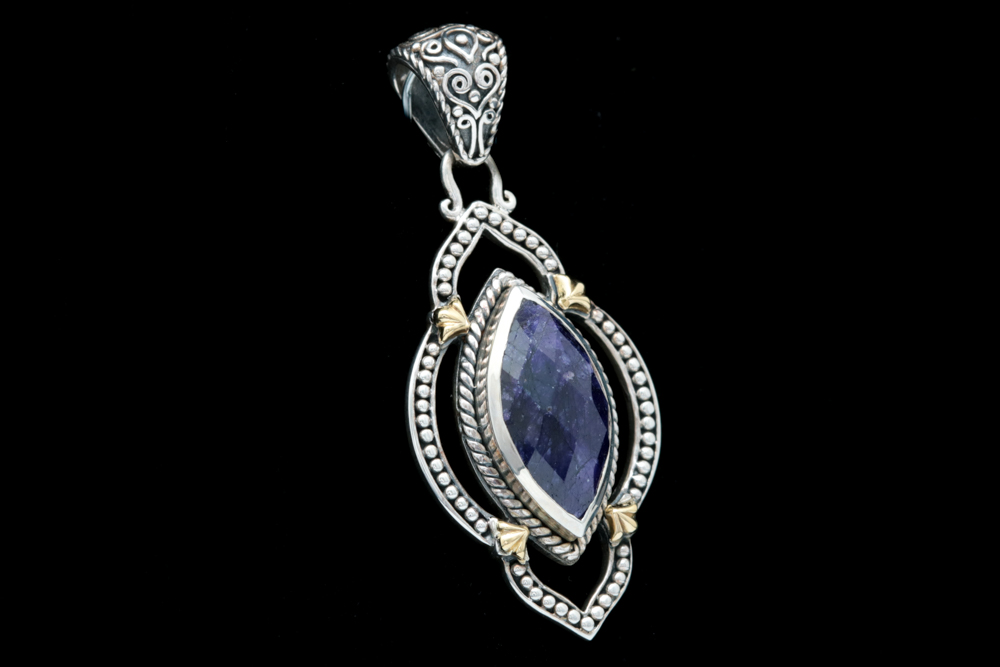 Robert Manse Sterling Silver, 18K Yellow Gold and Dyed Blue Corundum Pendant