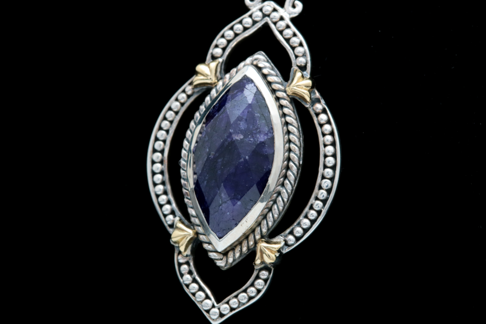 Robert Manse Sterling Silver, 18K Yellow Gold and Dyed Blue Corundum Pendant