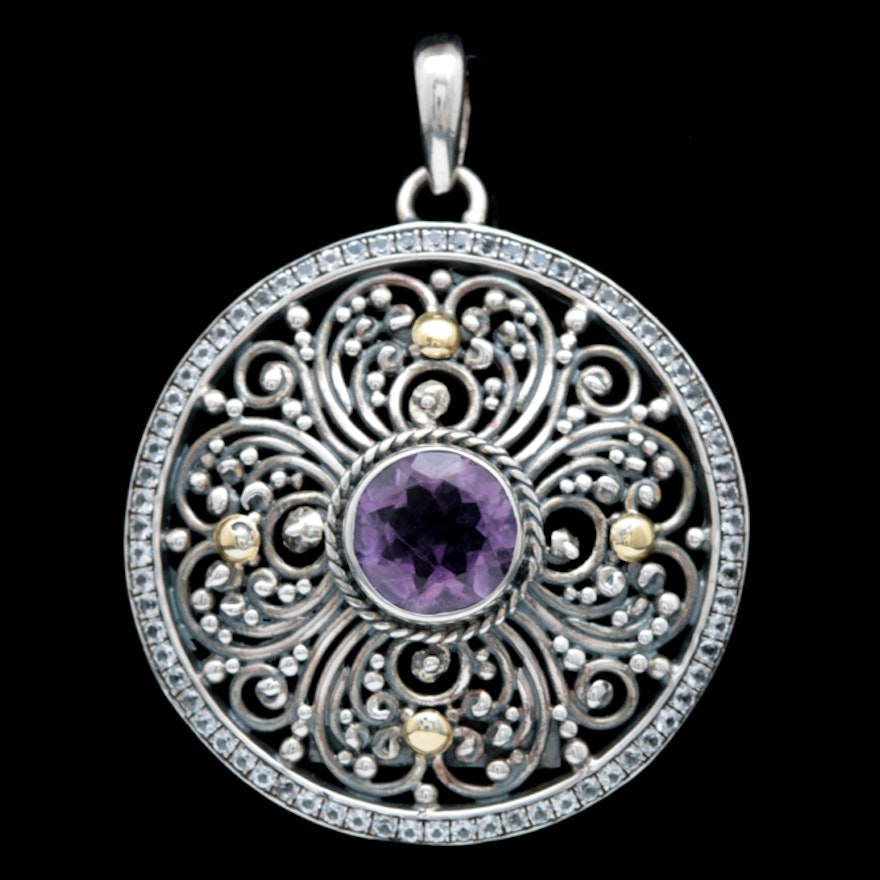 Robert Manse Sterling Silver, 18K Yellow Gold, Amethyst and White Topaz Pendant