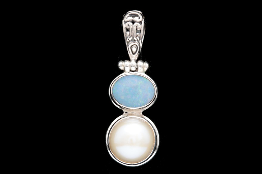 Sterling Silver, Freshwater Pearl and Opal Doublet Pendant