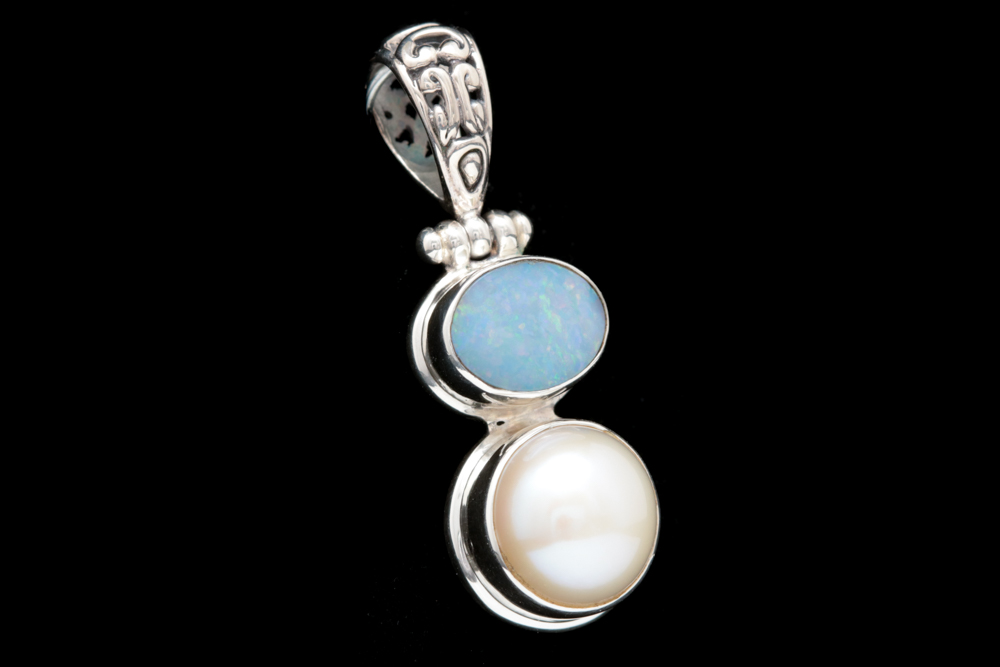 Sterling Silver, Freshwater Pearl and Opal Doublet Pendant