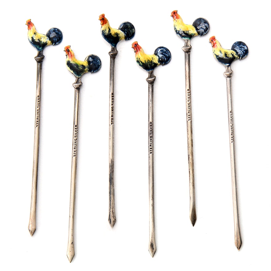 Set of Six Vintage Sterling Silver Cocktail Picks with Rooster Finials