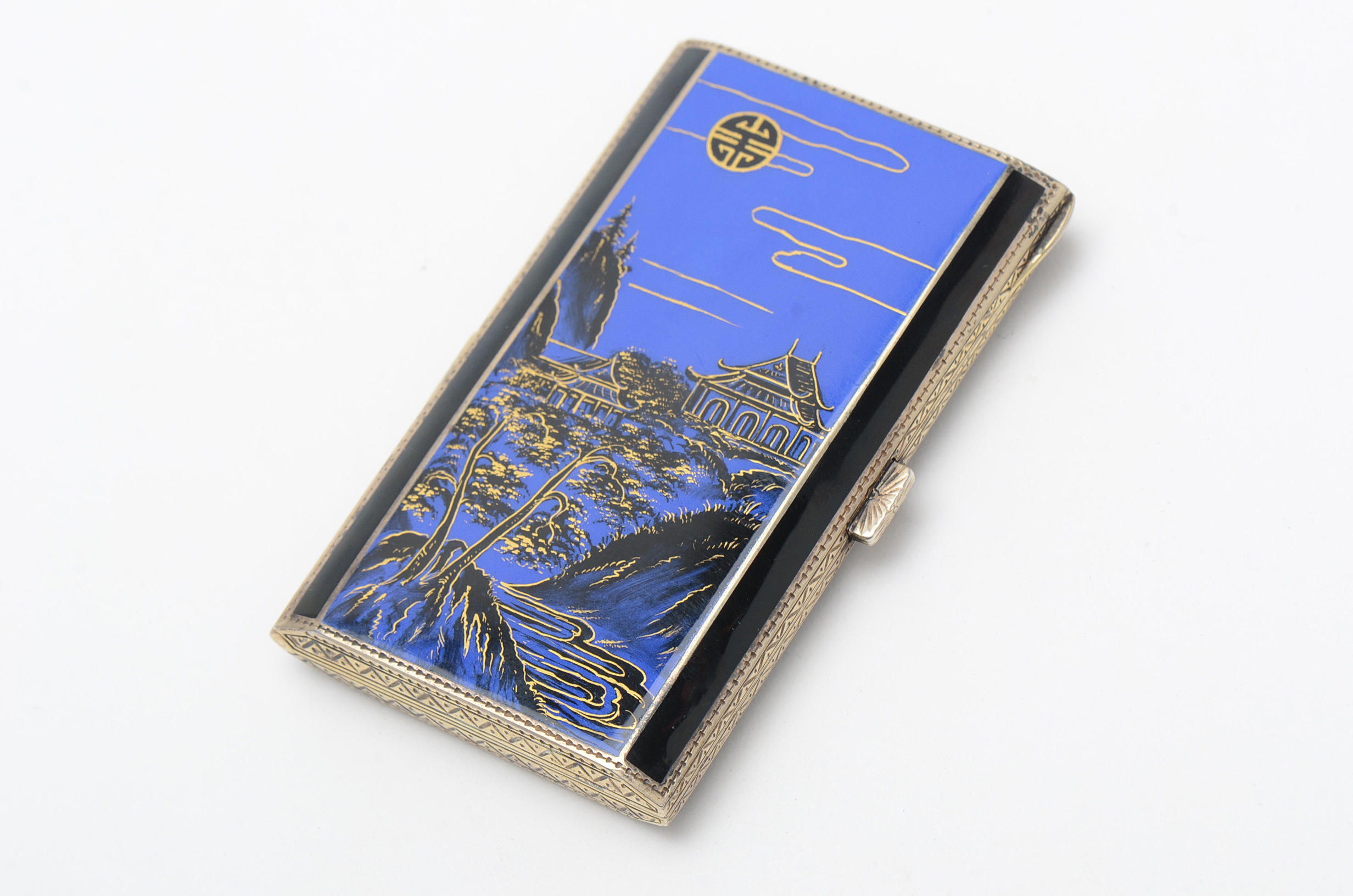 Vintage Sterling Silver Chinese Inspired Enamel Cigarette Box