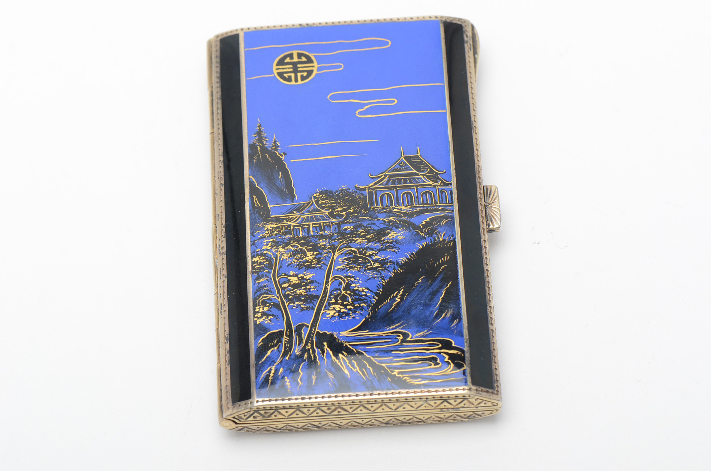 Vintage Sterling Silver Chinese Inspired Enamel Cigarette Box