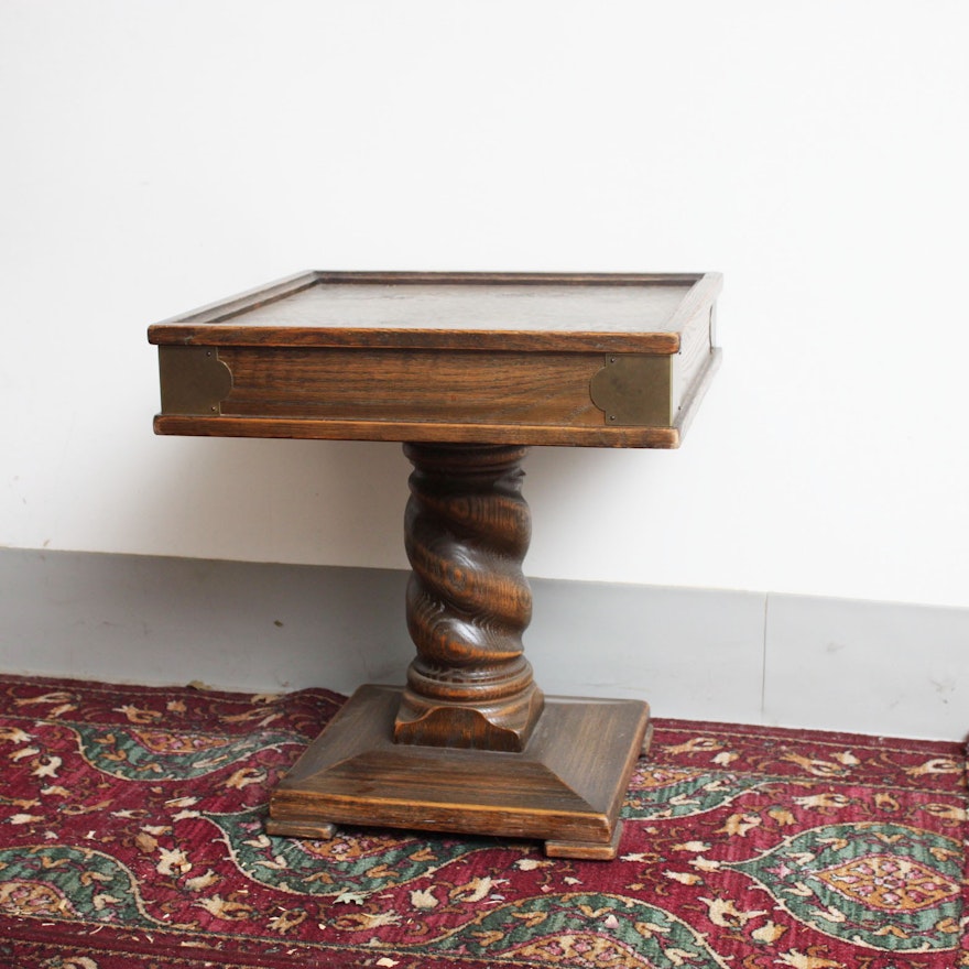 Oak Pedestal End Table With Metal Top
