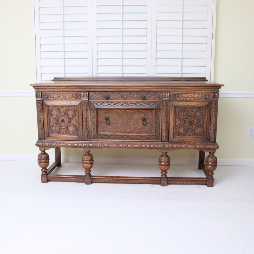 Vintage Tudor Revival Oak Sideboard