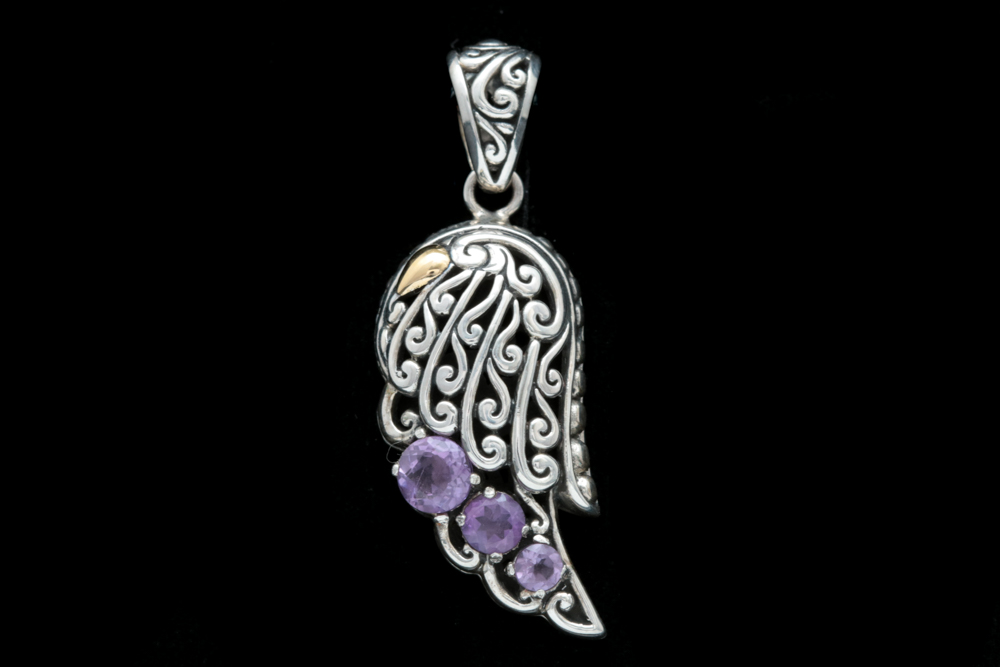 Sterling Silver, 18K Yellow Gold and Amethyst Wing Pendant
