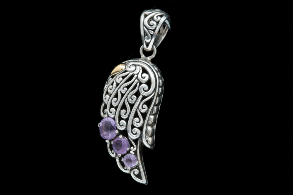 Sterling Silver, 18K Yellow Gold and Amethyst Wing Pendant