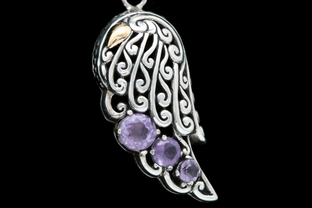 Sterling Silver, 18K Yellow Gold and Amethyst Wing Pendant