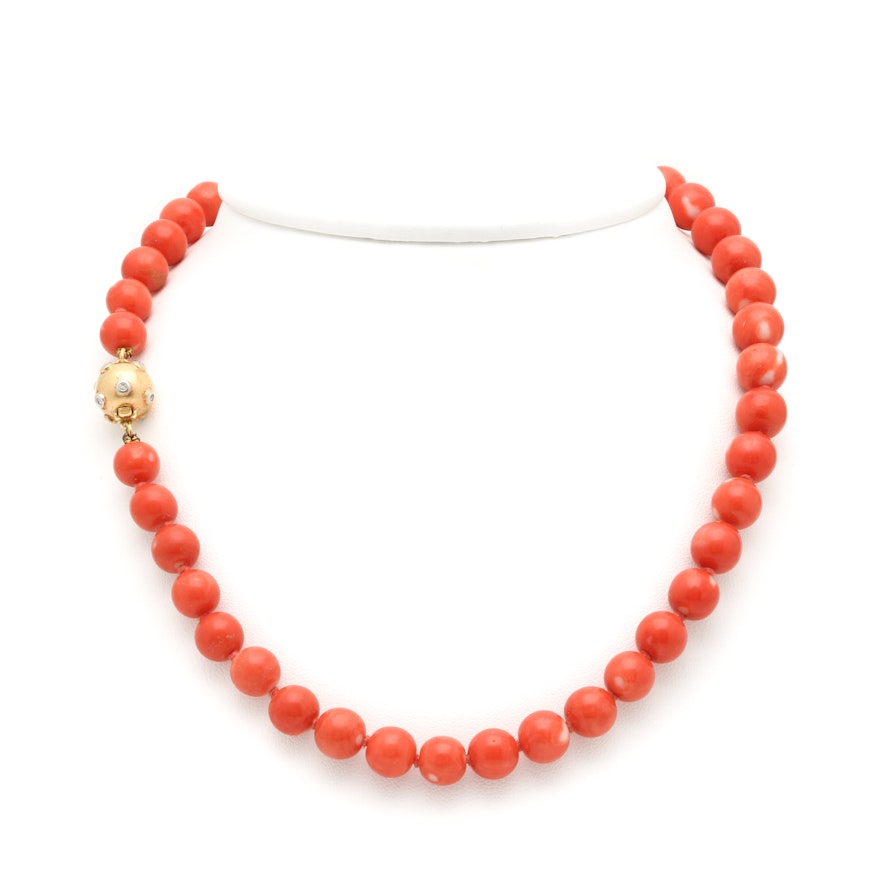 14K Yellow Gold Coral and Diamond Necklace