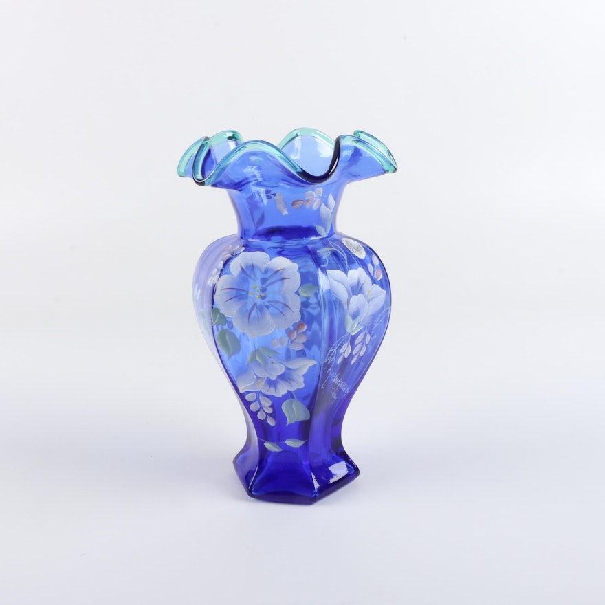 Hand-Painted Cobalt Blue Fenton Glass Vase