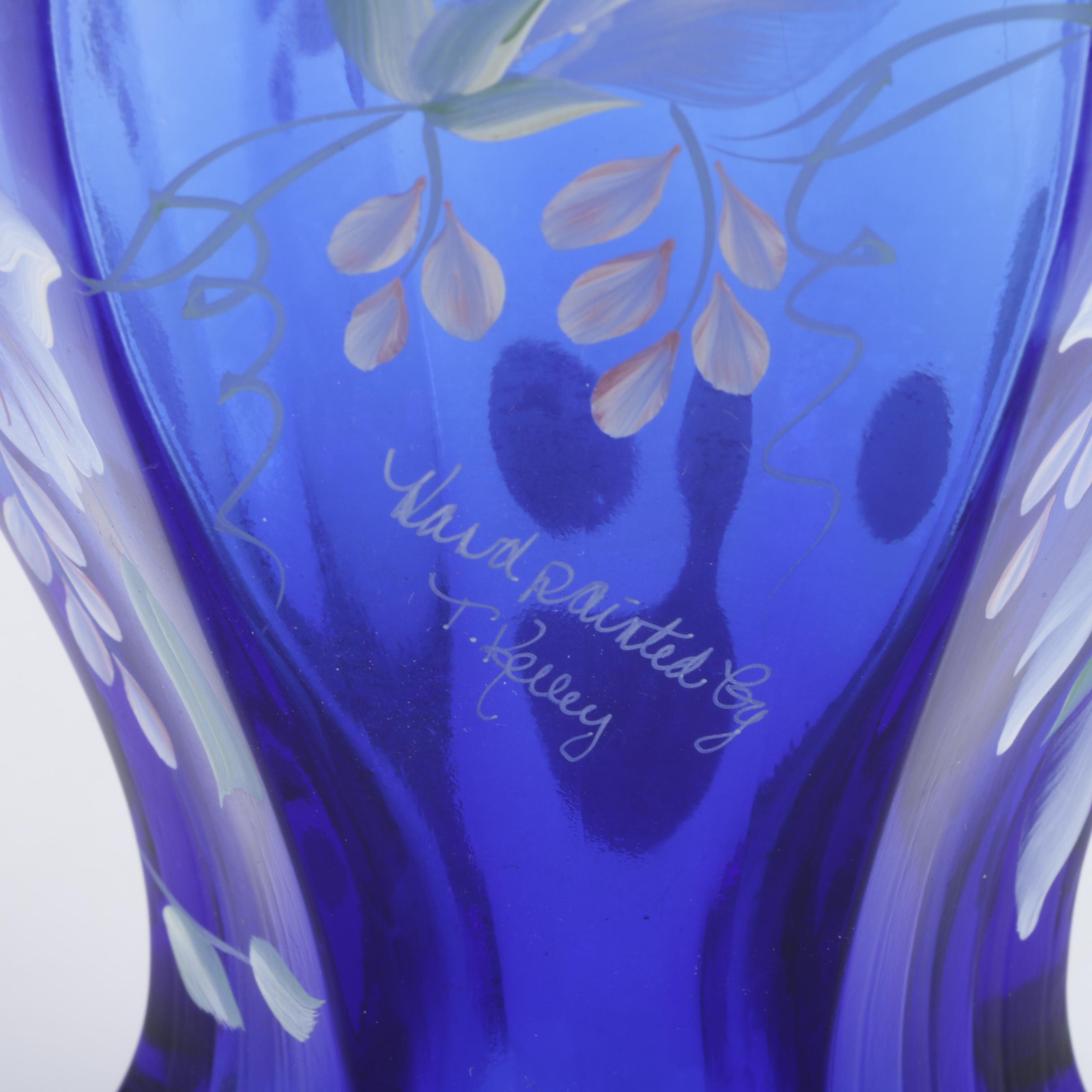 Hand-Painted Cobalt Blue Fenton Glass Vase