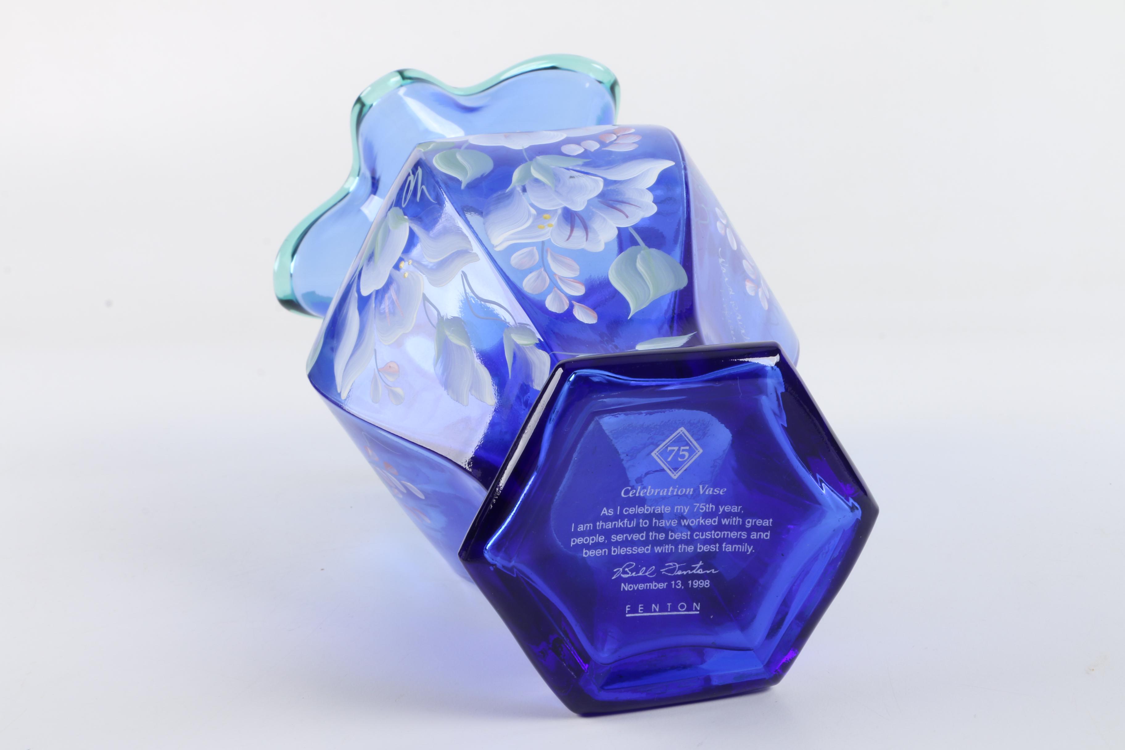 Hand-Painted Cobalt Blue Fenton Glass Vase