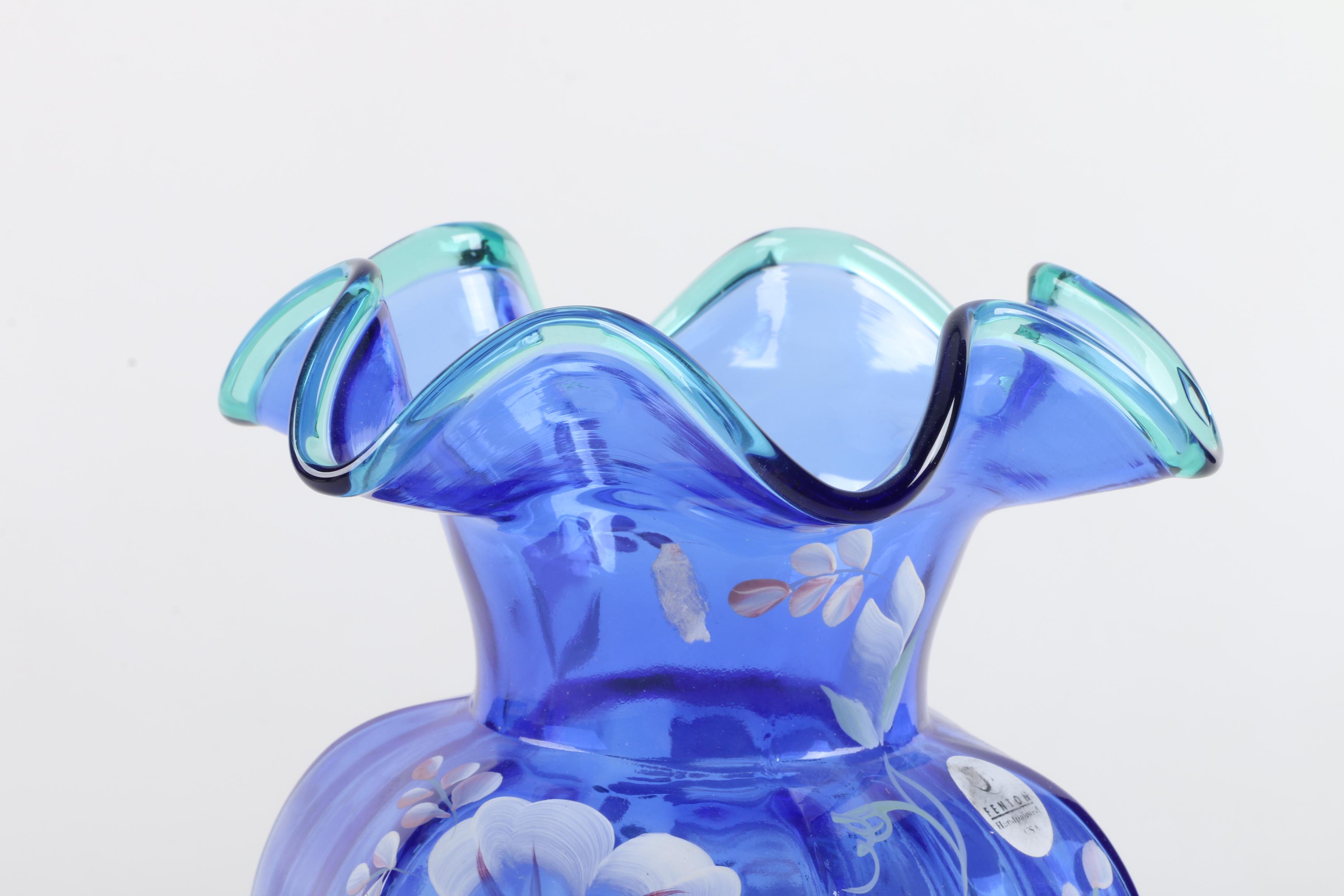 Hand-Painted Cobalt Blue Fenton Glass Vase