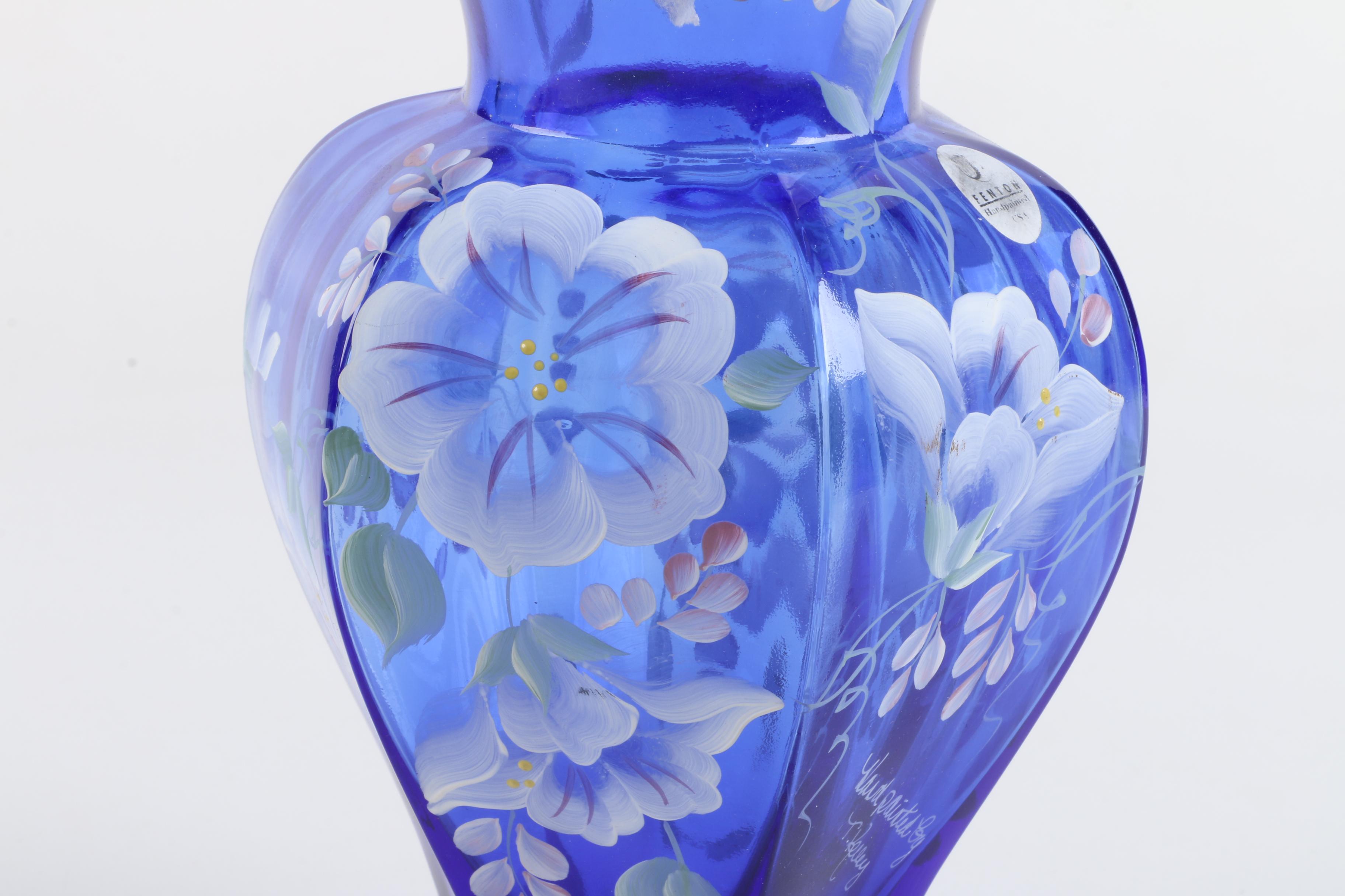 Hand-Painted Cobalt Blue Fenton Glass Vase