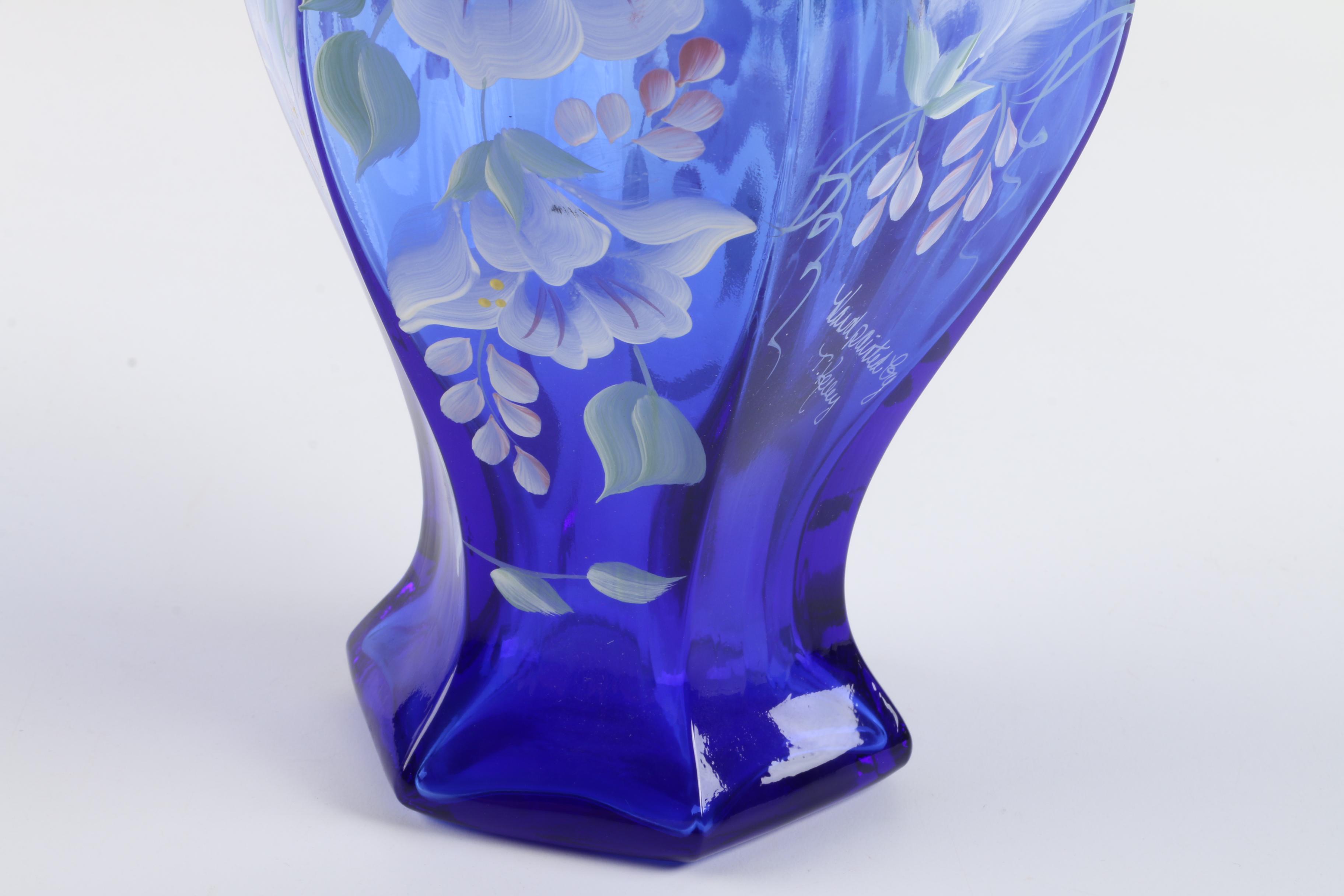 Hand-Painted Cobalt Blue Fenton Glass Vase