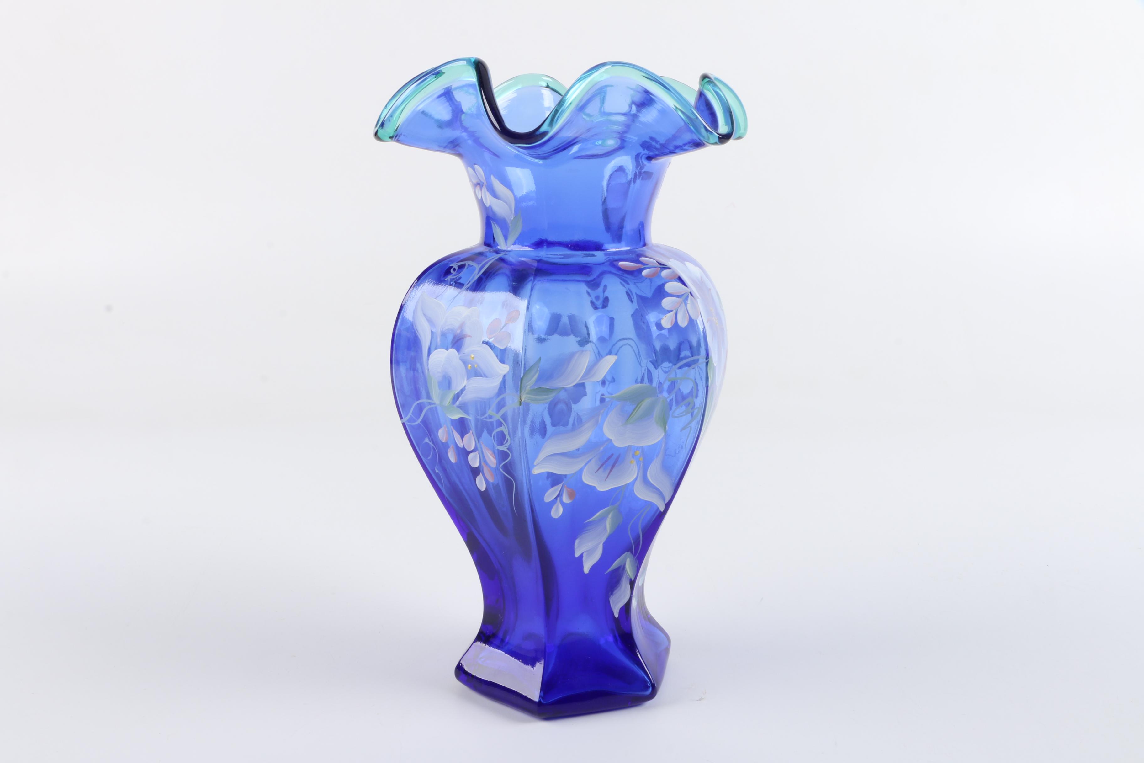 Hand-Painted Cobalt Blue Fenton Glass Vase