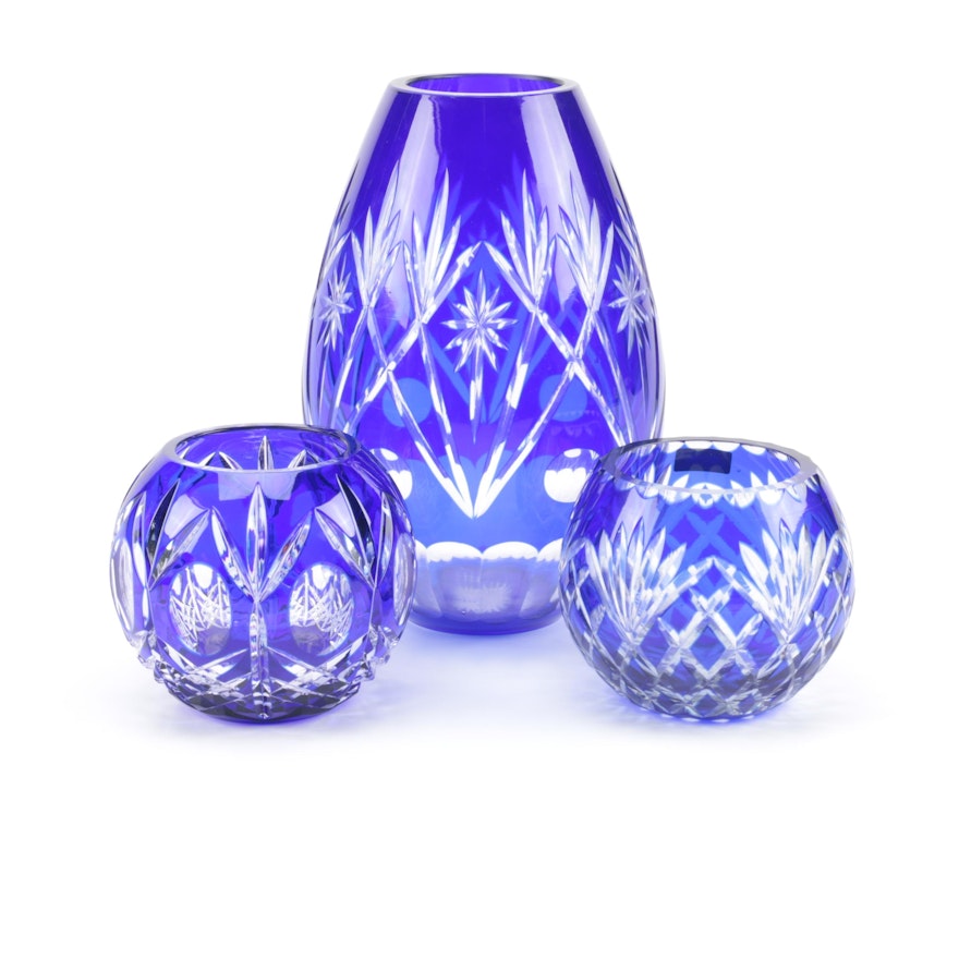 Cobalt Blue Cut Crystal Vases featuring Godinger