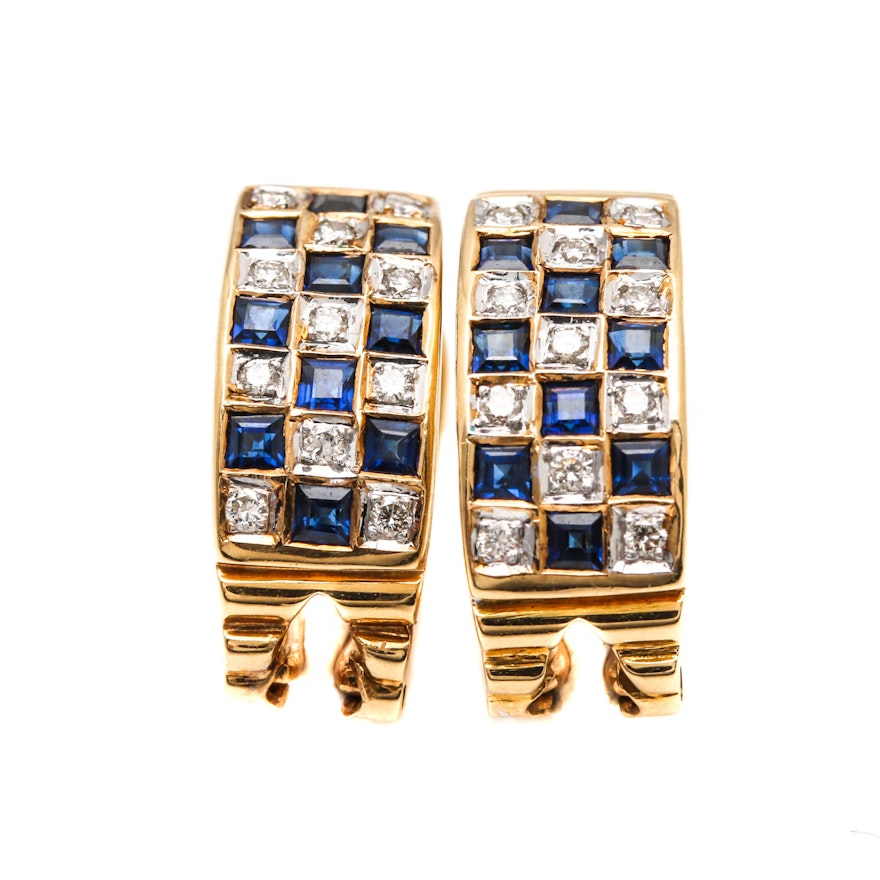 18K Yellow Gold Diamond and Sapphire Earrings