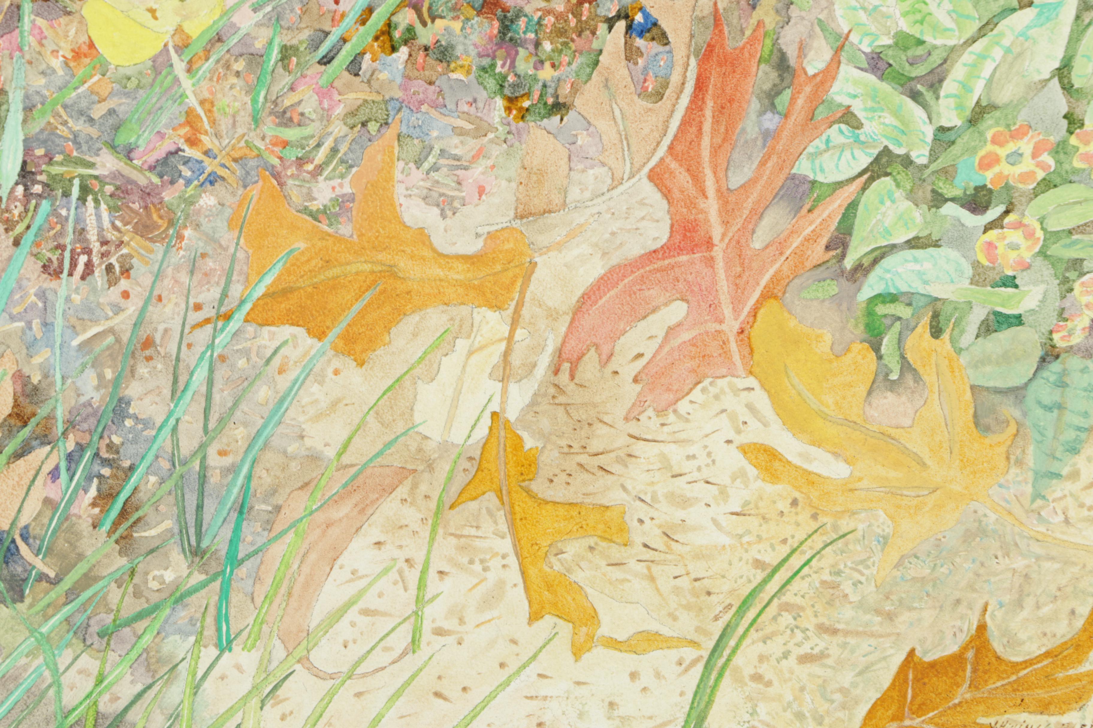 J. Hillings Bleicken Gouache Painting on Board of a Garden