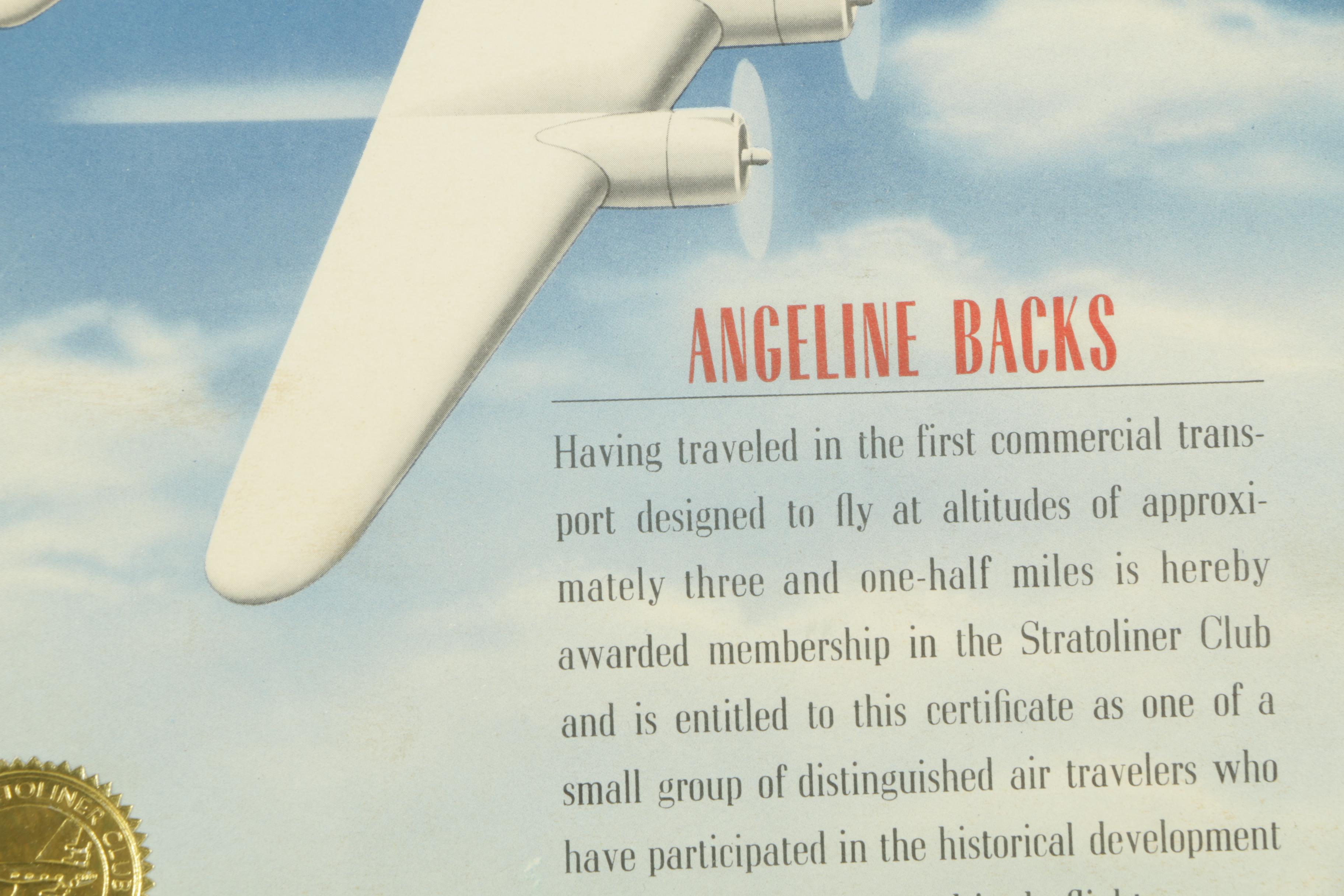 1941 Offset Lithograph "Stratoliner Club" Certificate