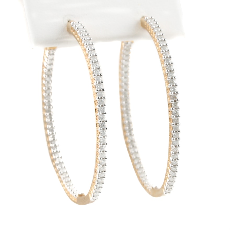 10K Yellow Gold 1.50 CTW Diamond In and Out Hoop Earrings