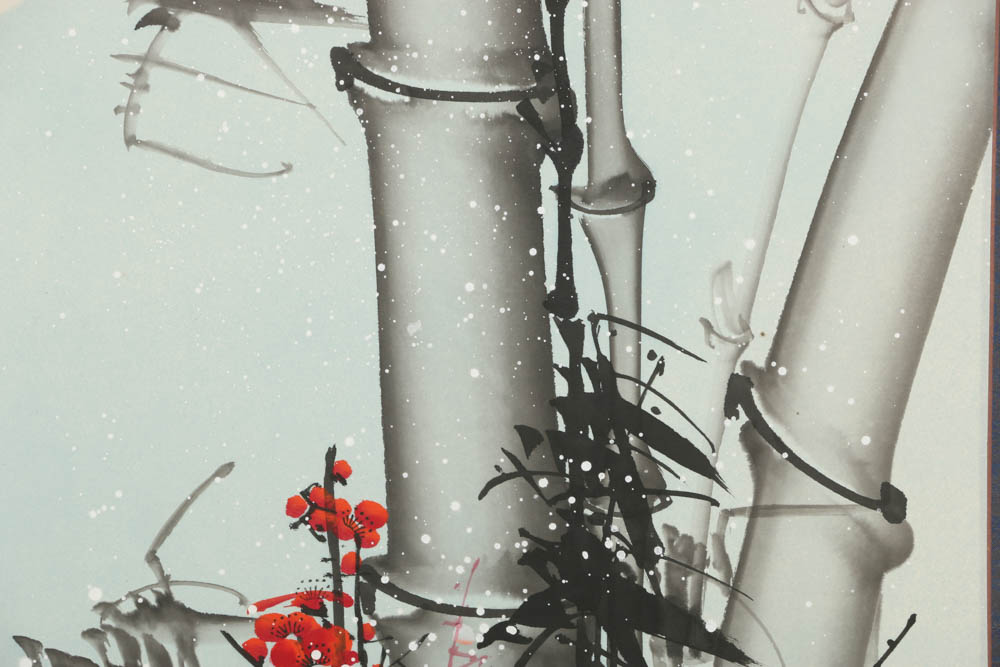 East Asian Inspired Ink and Watercolor on Hanging Scroll