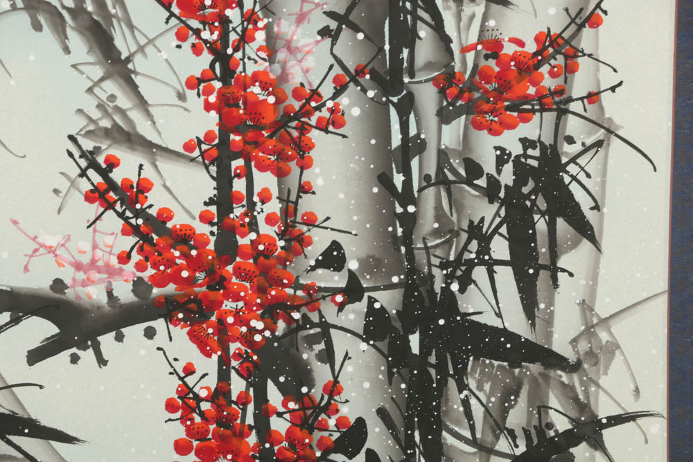 East Asian Inspired Ink and Watercolor on Hanging Scroll