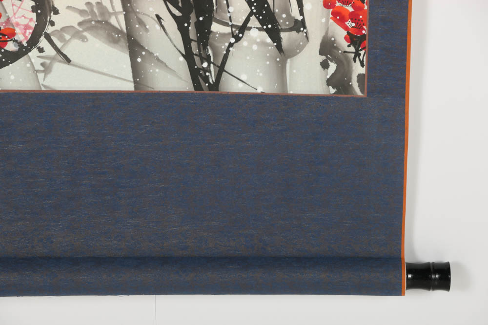 East Asian Inspired Ink and Watercolor on Hanging Scroll