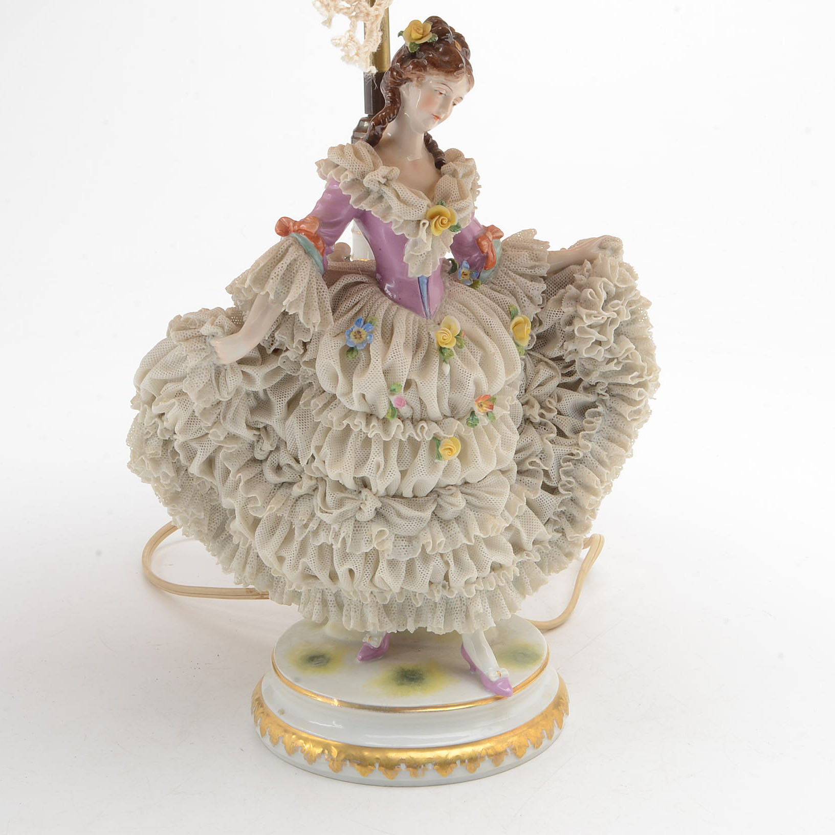 Muller and Co Dresden Lace Figural Porcelain Lamp