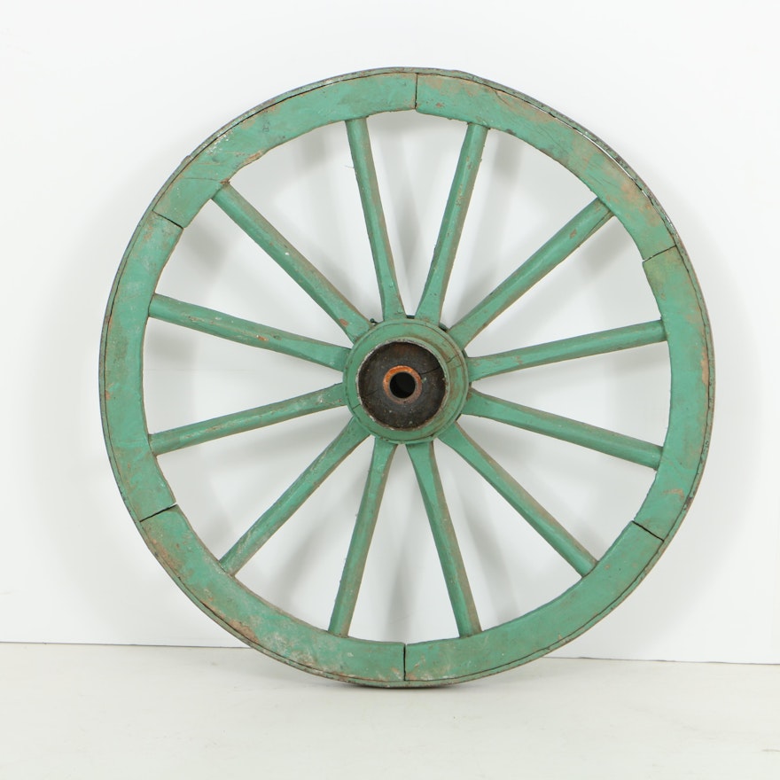 Antique Painted Wood and Iron Wagon Wheel, Circa Late 19th to Early 20th Century