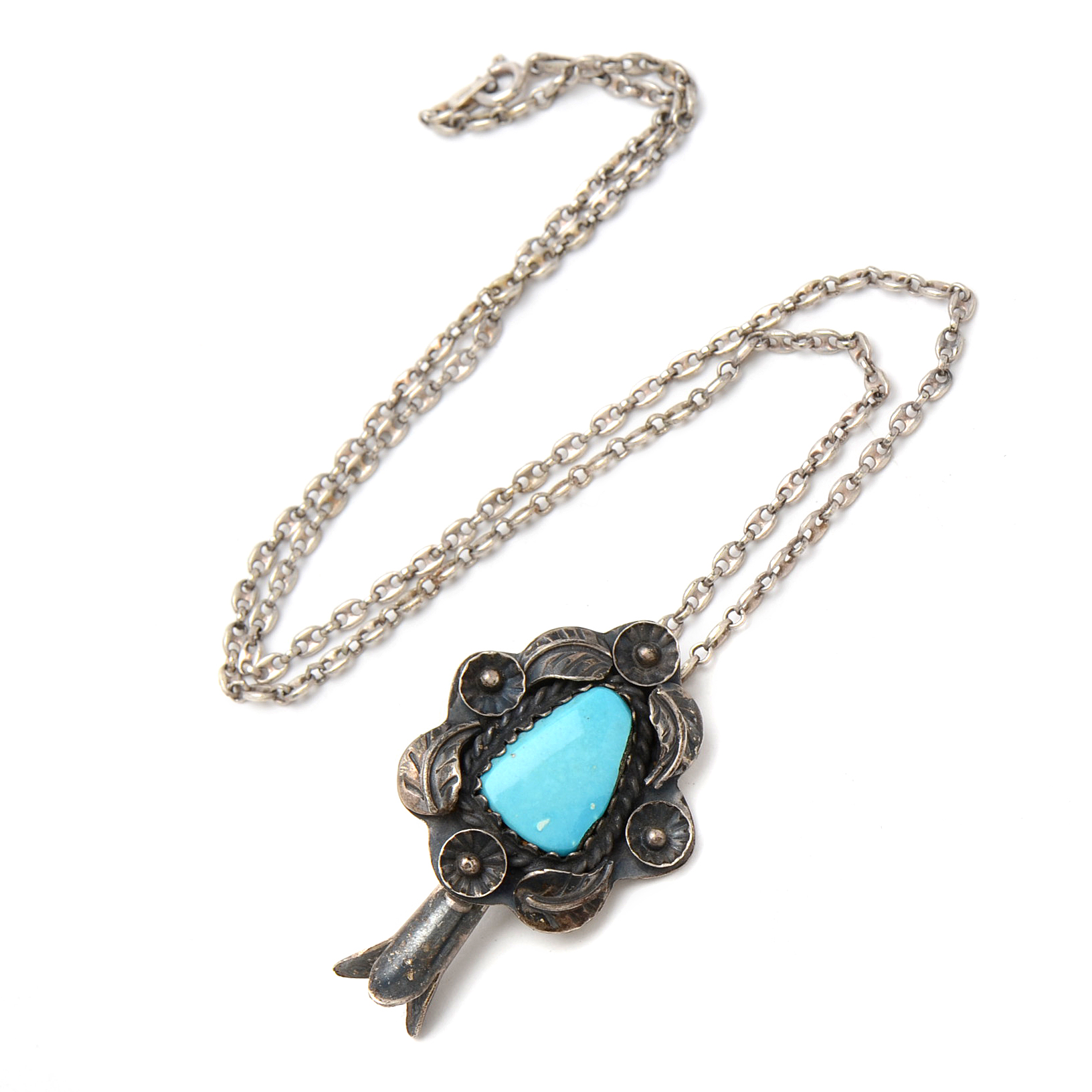 Native American Style 800 Silver Dyed Howlite Squash Blossom Pendant Necklace