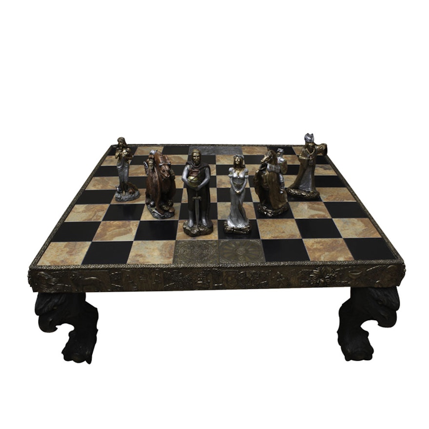 Quite Rare Partial "The Arthurian Chess Set" and Table by Daved Pritchard