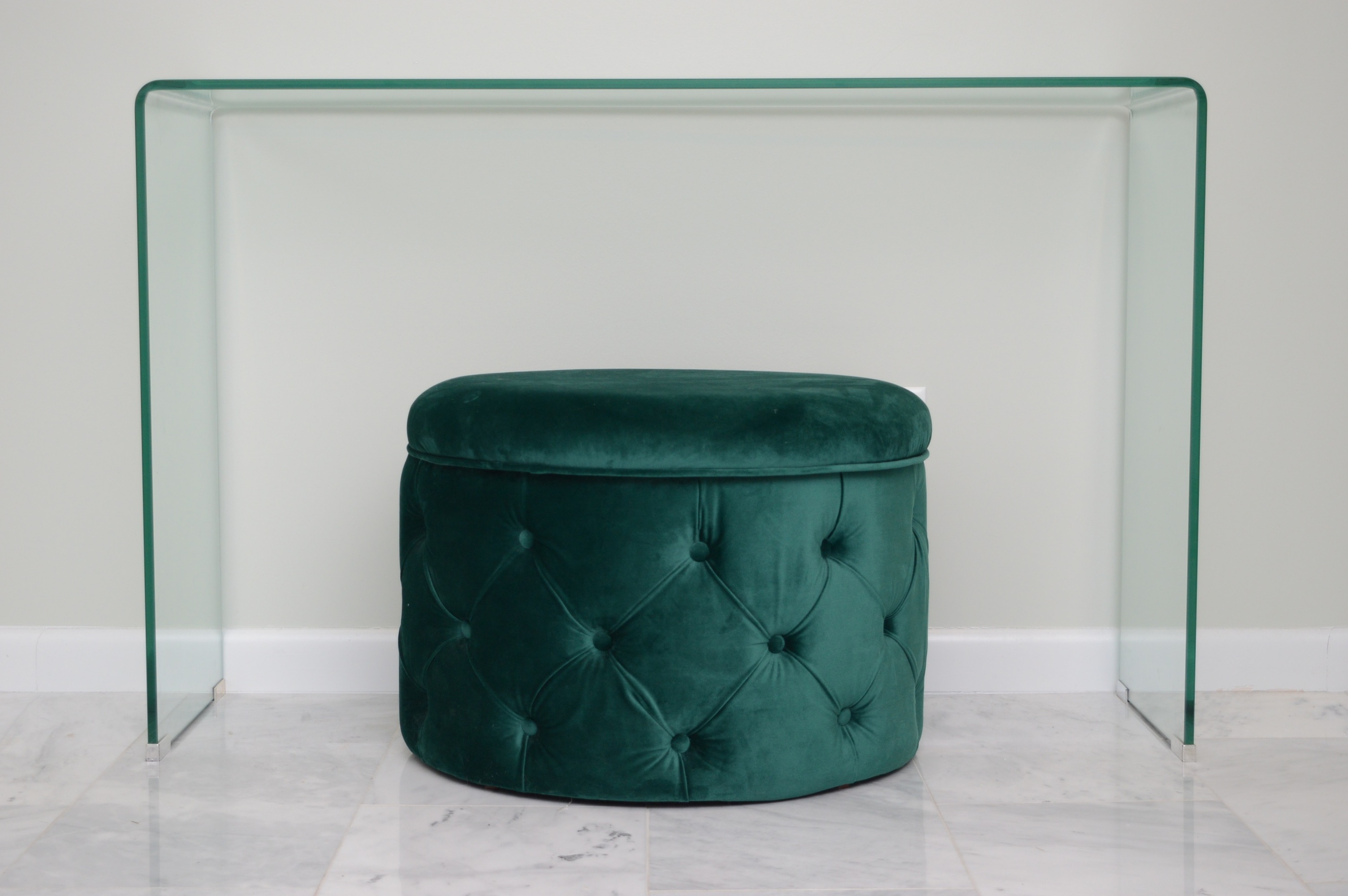 Modern Glass Table with Tufted Velvet Seat with Shoe Storage