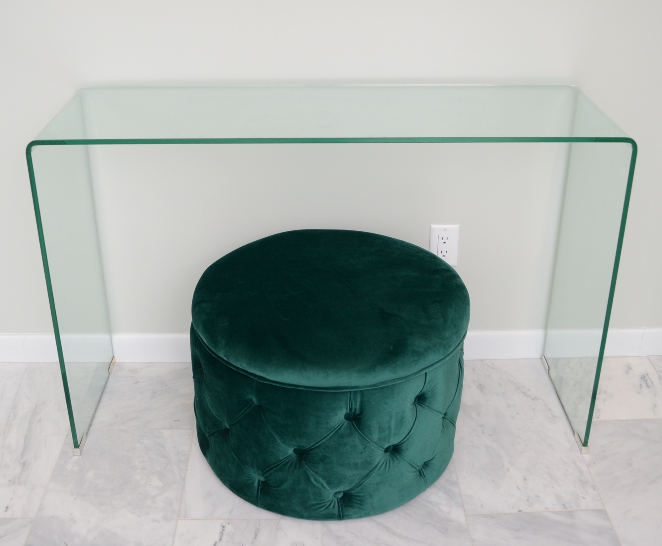 Modern Glass Table with Tufted Velvet Seat with Shoe Storage